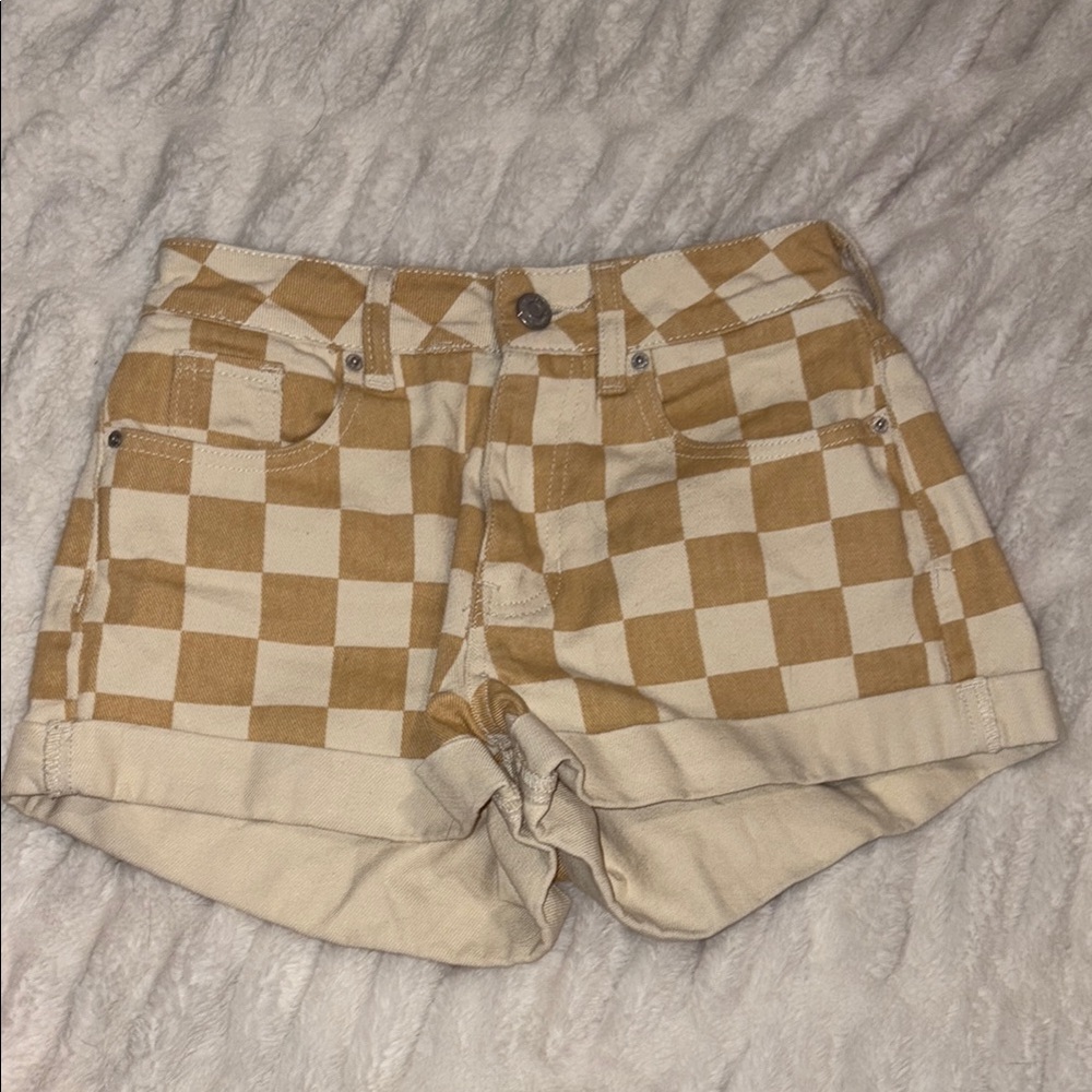 Checkered Tan and Cream Women's Mom Shorts Pacsun
